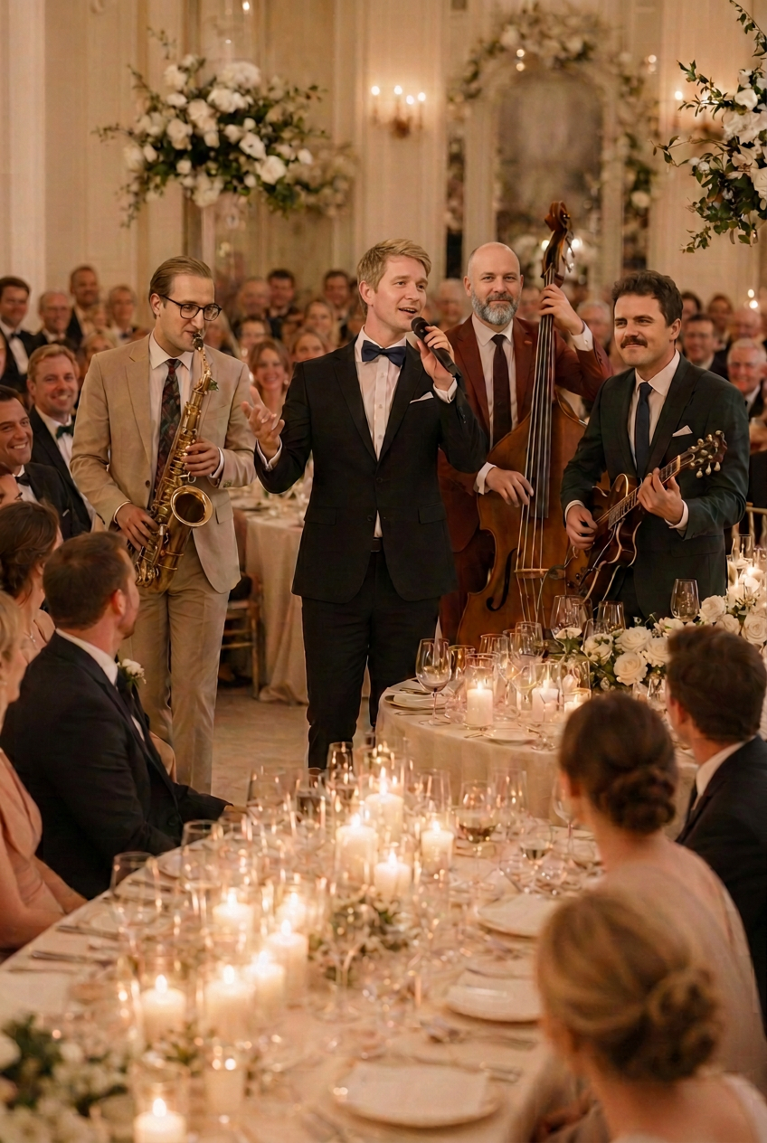 A musician performs intimately among wedding guests